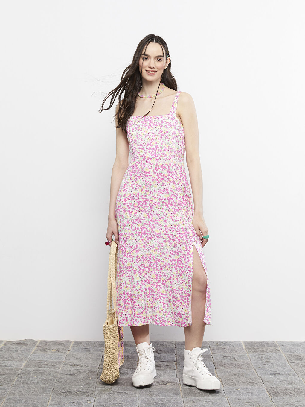 Square Neck Floral Viscose Women's Dress