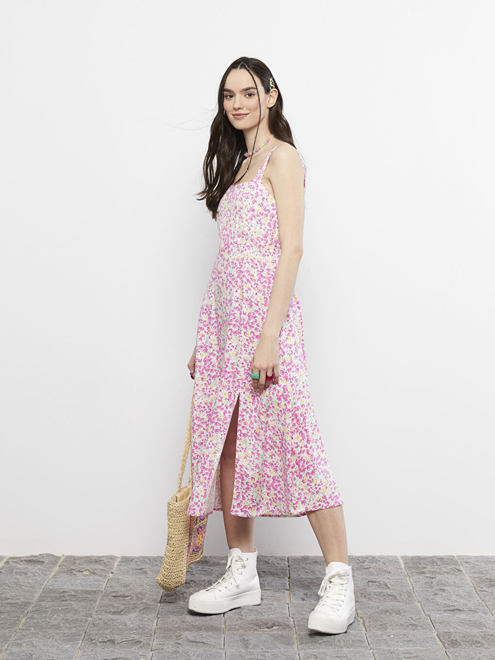 Square Neck Floral Viscose Women's Dress-1