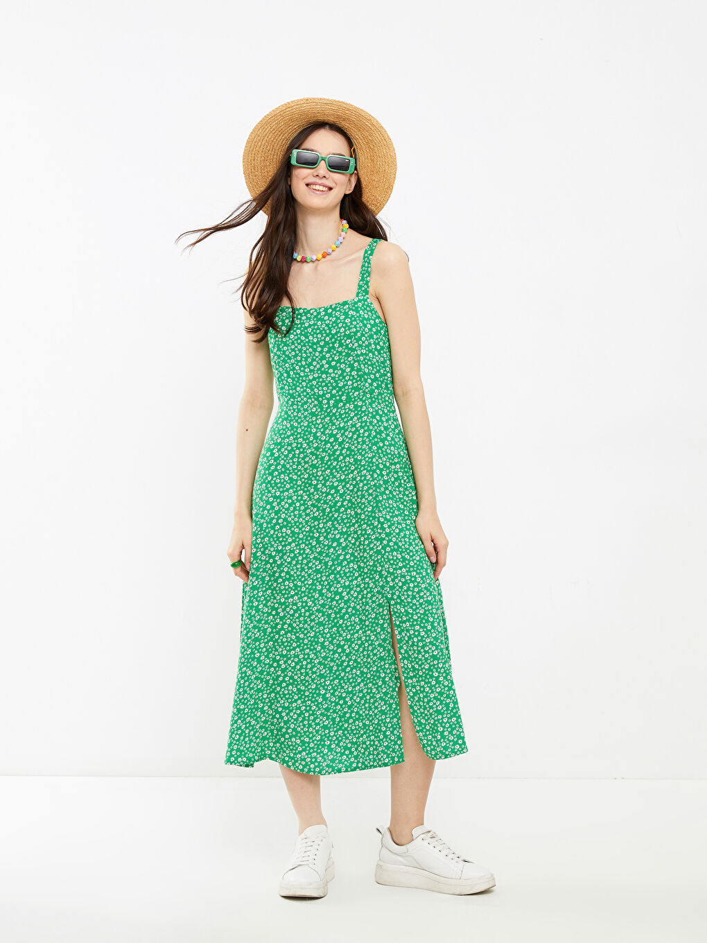 Square Neck Floral Viscose Women's Dress