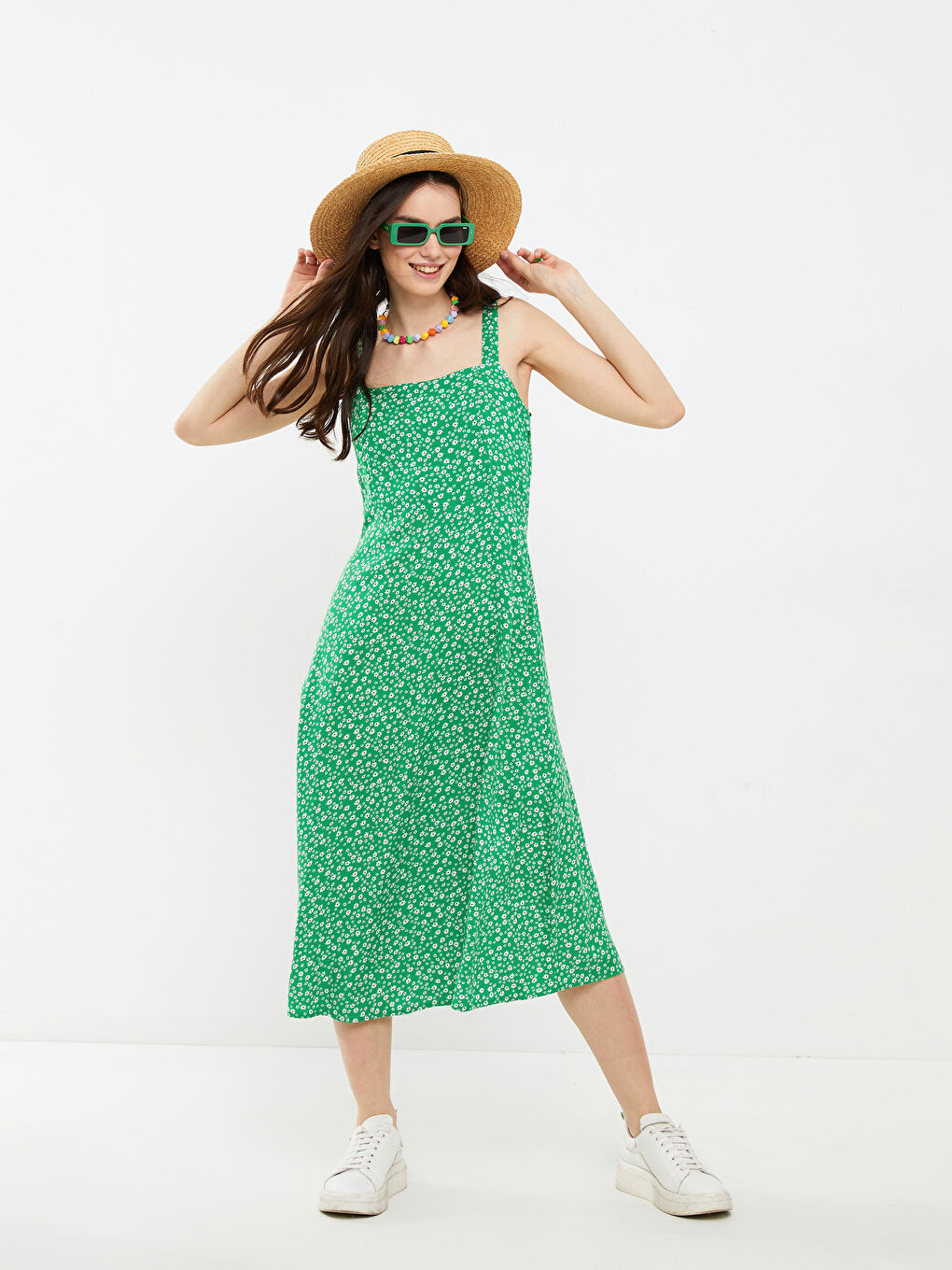 Square Neck Floral Viscose Women's Dress-1