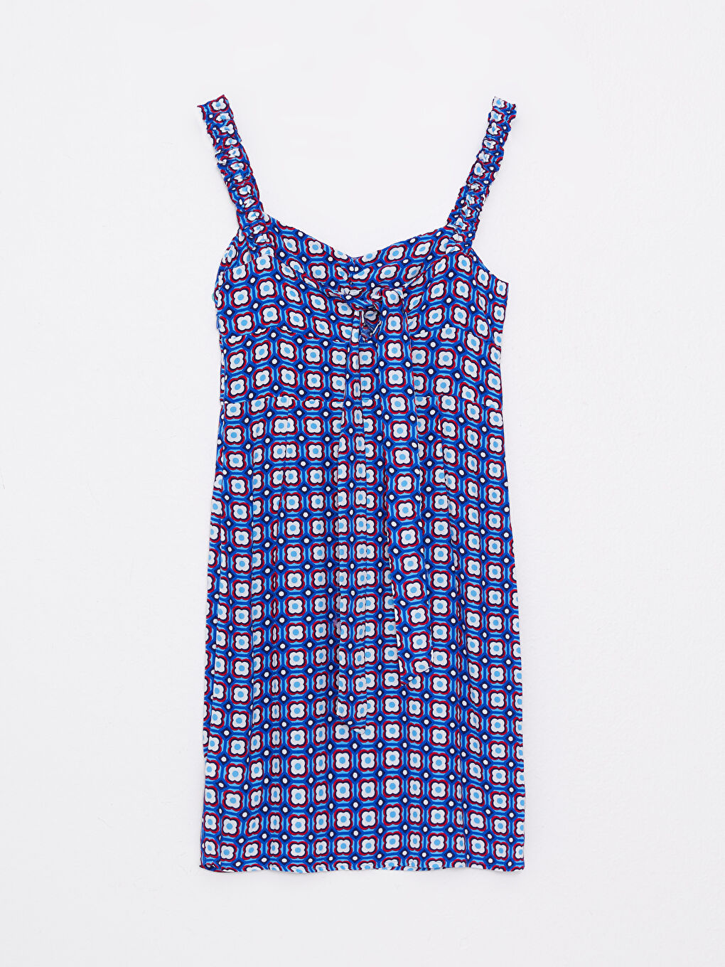 Mavi Kalp Yaka Desenli Askılı Viskon Kadın Elbise-7