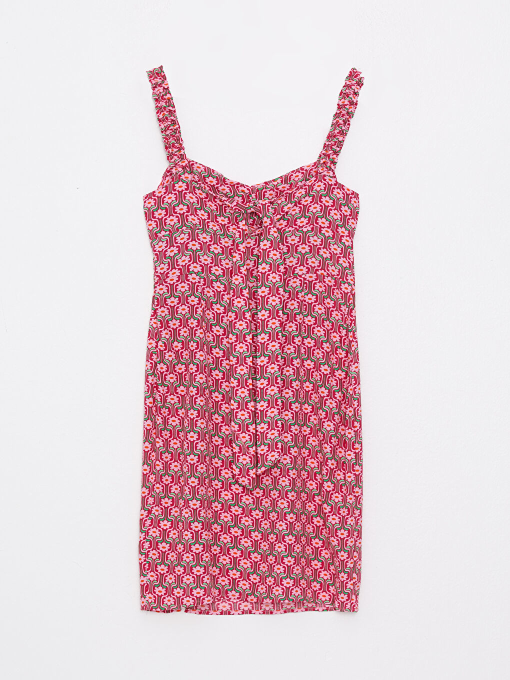 Pembe Kalp Yaka Desenli Askılı Viskon Kadın Elbise-4