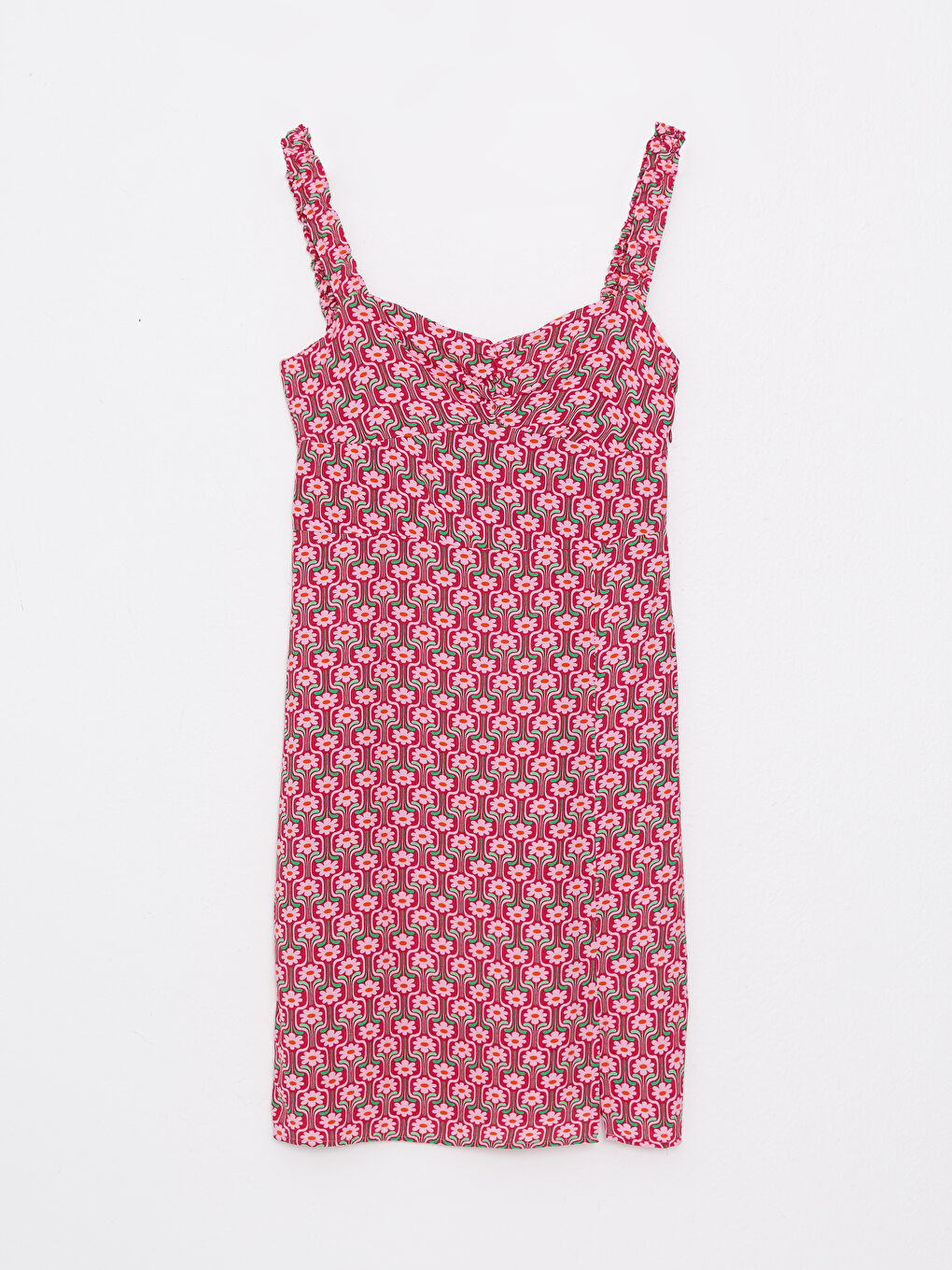 Pembe Kalp Yaka Desenli Askılı Viskon Kadın Elbise-5