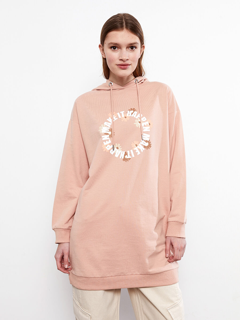 LCW Modest Mat Pembe Kapüşonlu Baskılı Uzun Kollu Kadın Sweatshirt Tunik - 2