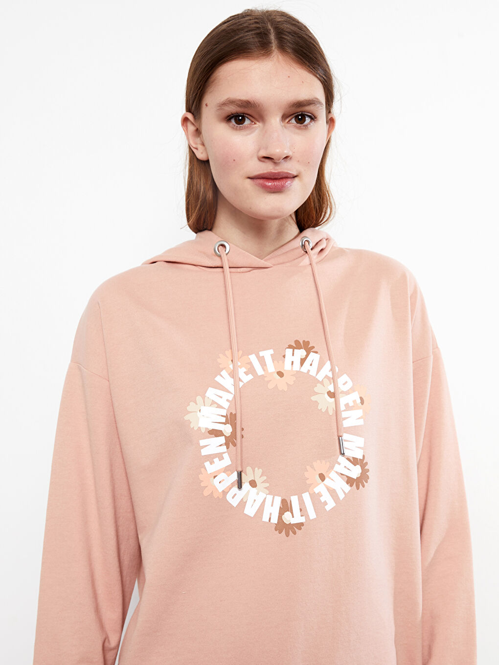 LCW Modest Mat Pembe Kapüşonlu Baskılı Uzun Kollu Kadın Sweatshirt Tunik - 3