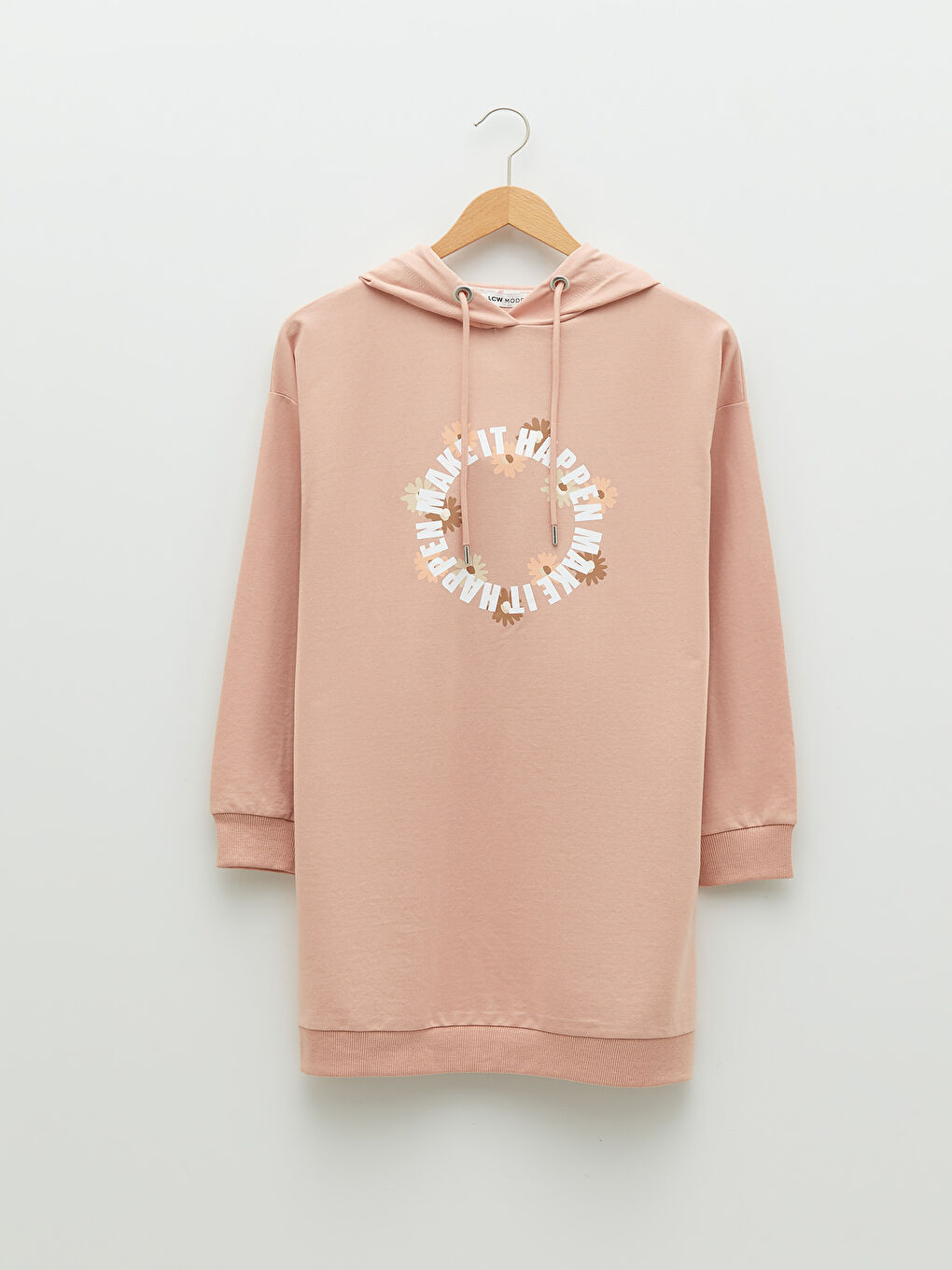 LCW Modest Mat Pembe Kapüşonlu Baskılı Uzun Kollu Kadın Sweatshirt Tunik - 6