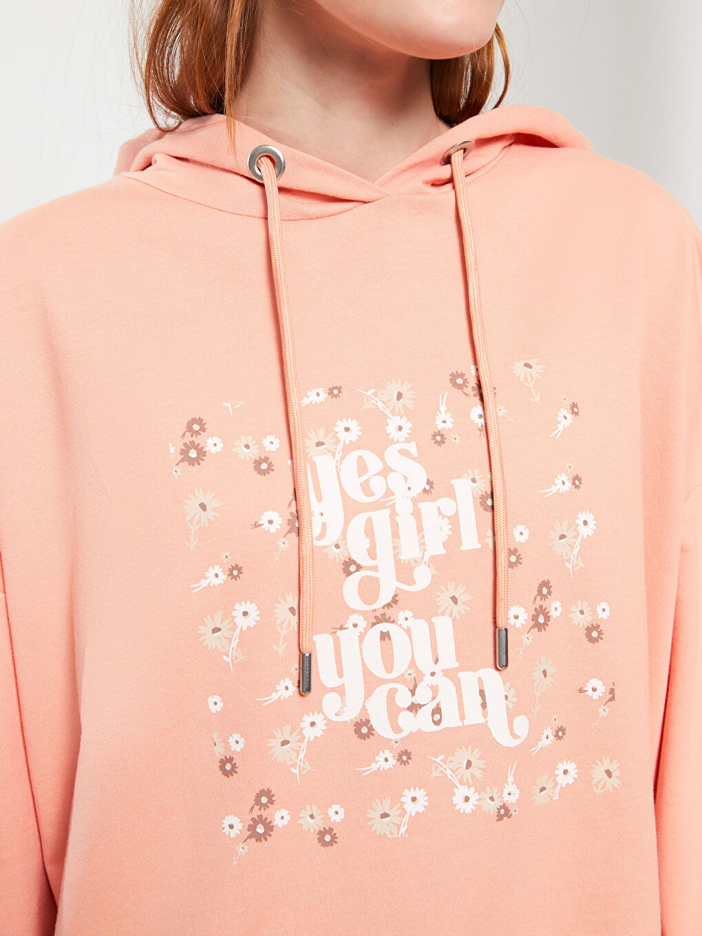 Turuncu Kapüşonlu Baskılı Uzun Kollu Kadın Sweatshirt Tunik-2