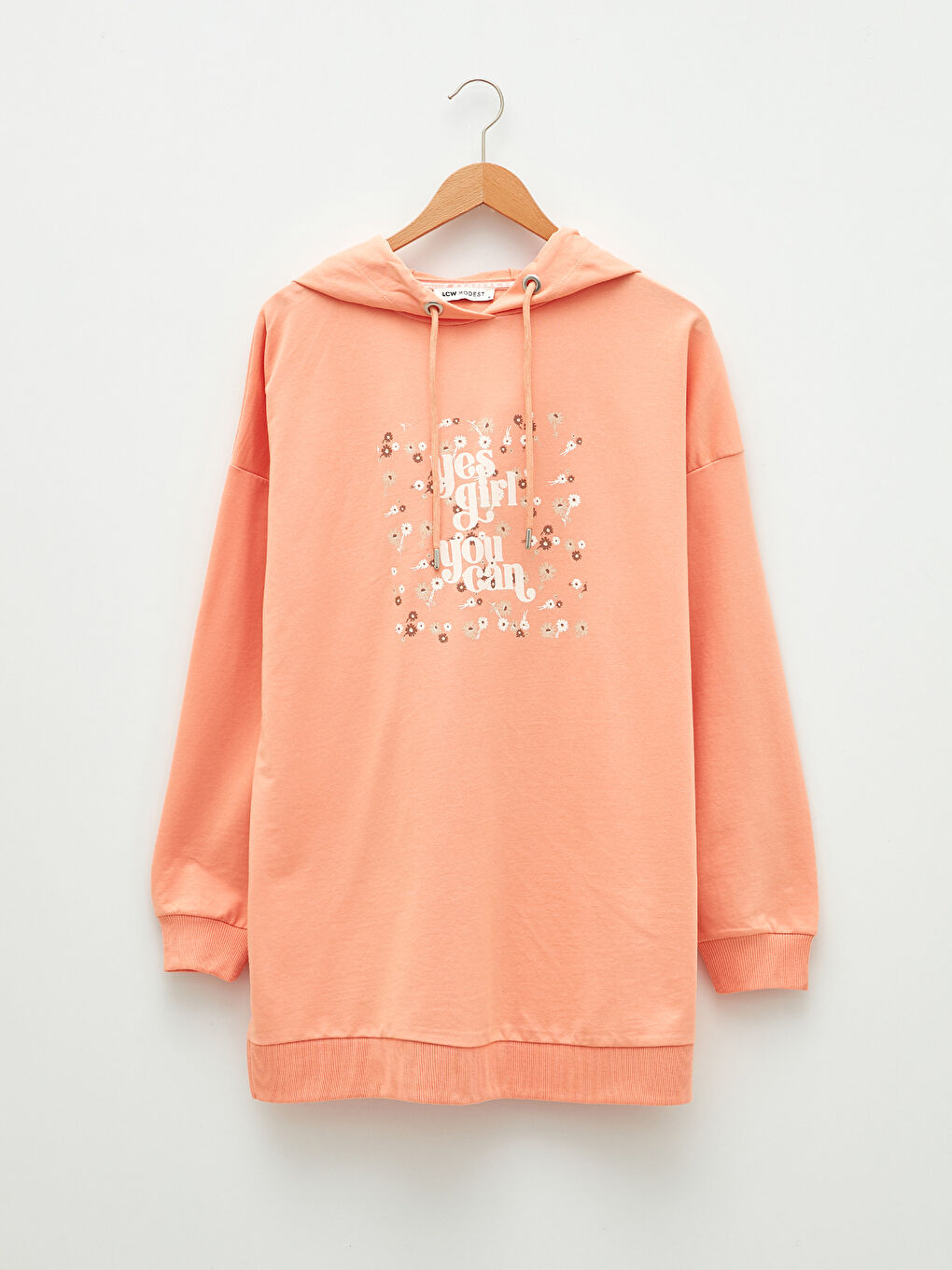 Turuncu Kapüşonlu Baskılı Uzun Kollu Kadın Sweatshirt Tunik-4