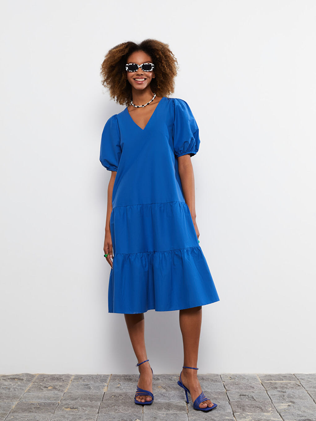 V-Neck Straight Short Sleeve A-Line Poplin Women's Dress