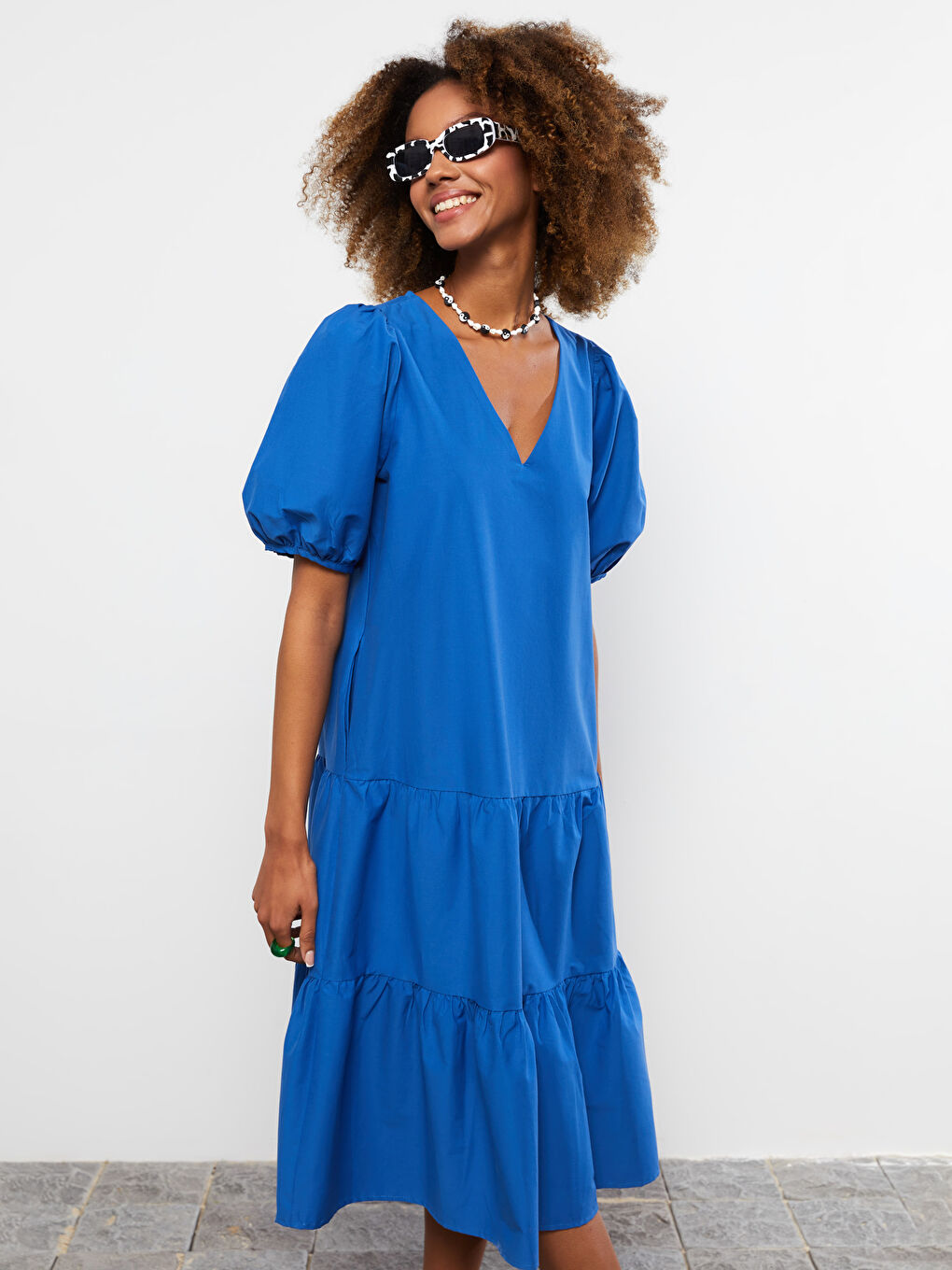 V-Neck Straight Short Sleeve A-Line Poplin Women's Dress-2