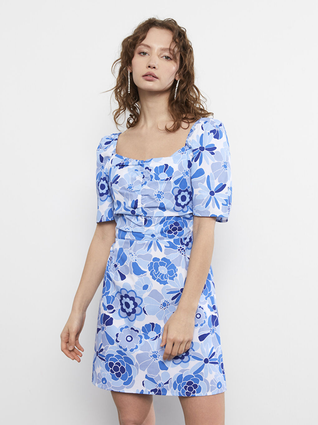 Heart Collar Patterned Short Sleeve Cotton Women's Dress-4