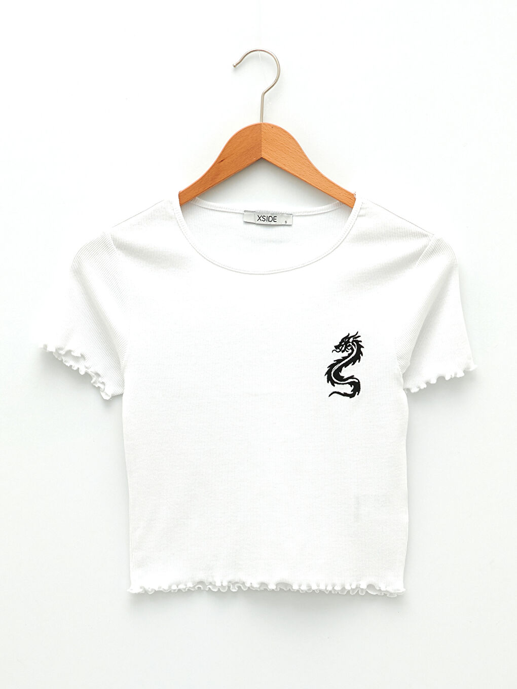 Beyaz Bisiklet Yaka Baskılı Kısa Kollu Kadın Crop-4