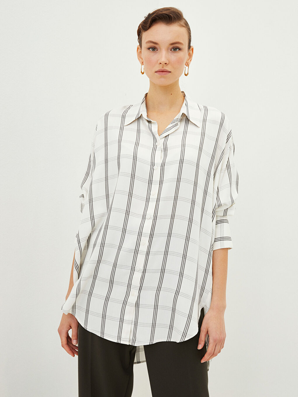 Cămașă pentru Femei cu Închidere Frontală cu Nasturi, Carouri, Mânecă Lungă, Supradimensionată, Țesătură Gabardină