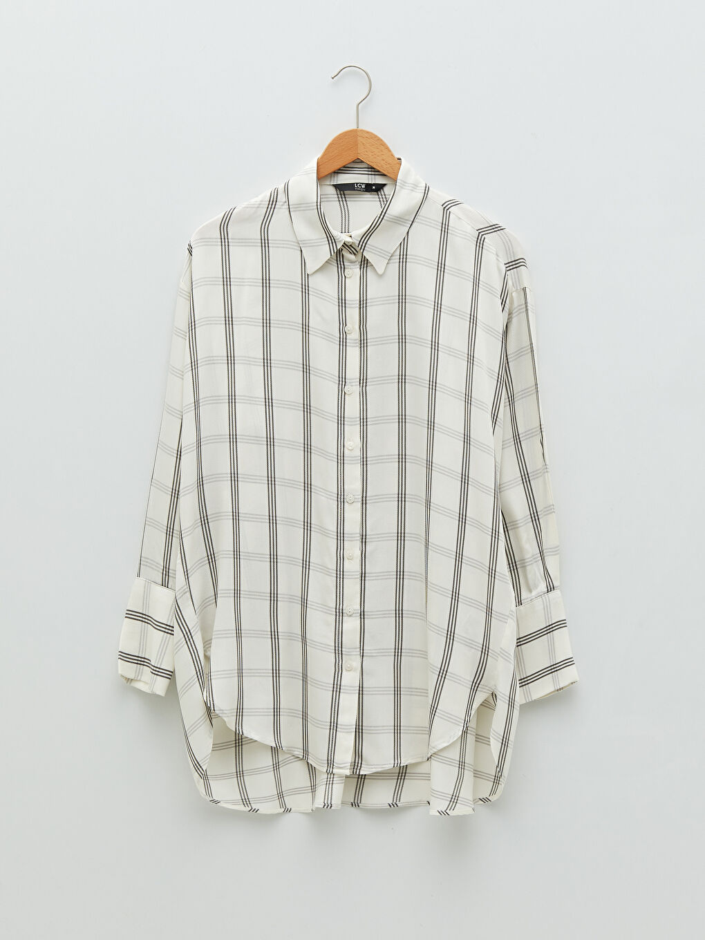 Cămașă pentru Femei cu Închidere Frontală cu Nasturi, Carouri, Mânecă Lungă, Supradimensionată, Țesătură Gabardină-5