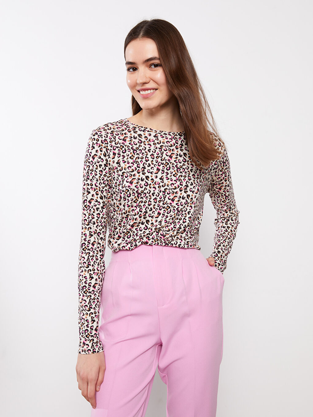 Karışık Bisiklet Yaka Desenli Uzun Kollu Kadın Tişört-2