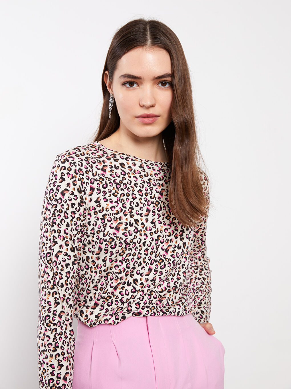 Karışık Bisiklet Yaka Desenli Uzun Kollu Kadın Tişört-3