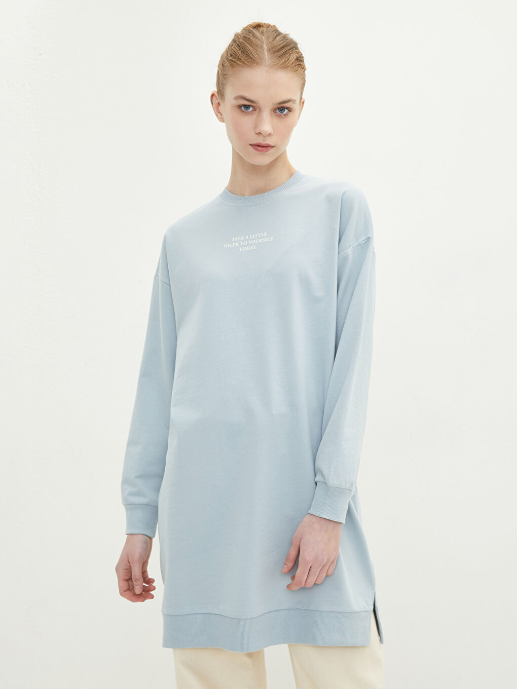 Mavi Bisiklet Yaka Yazı Baskılı Uzun Kollu Kadın Sweatshirt Tunik-1