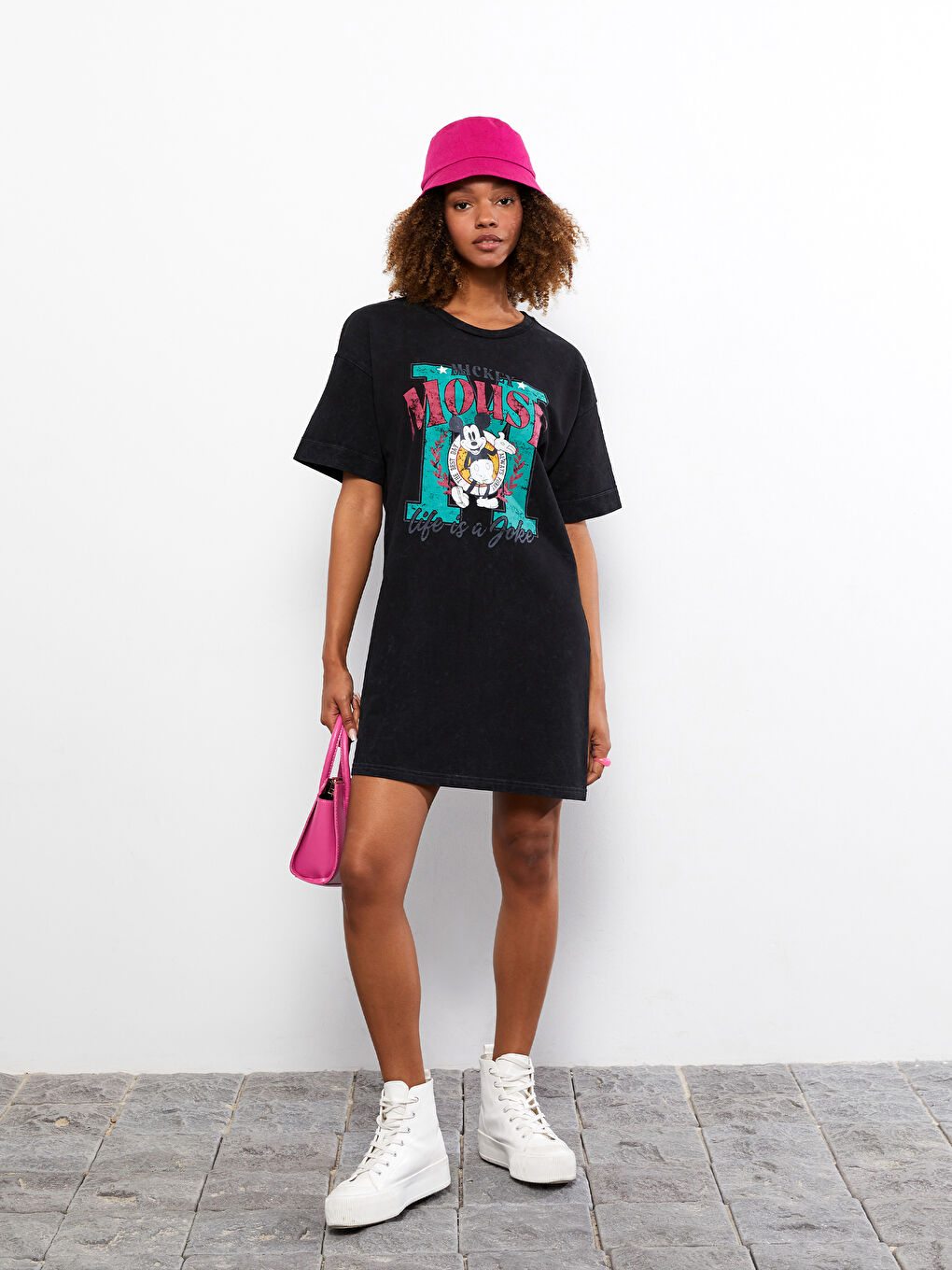 Crew Neck Mickey Mouse Printed Short Sleeve Cotton Women's Dress -S2G994Z8-QT6
