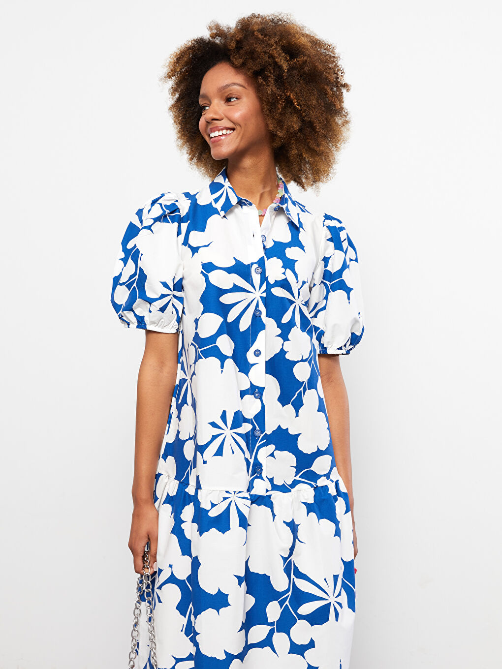 فستان للسيدات بوبلين بياقة قميص مُزهر كم قصير-1