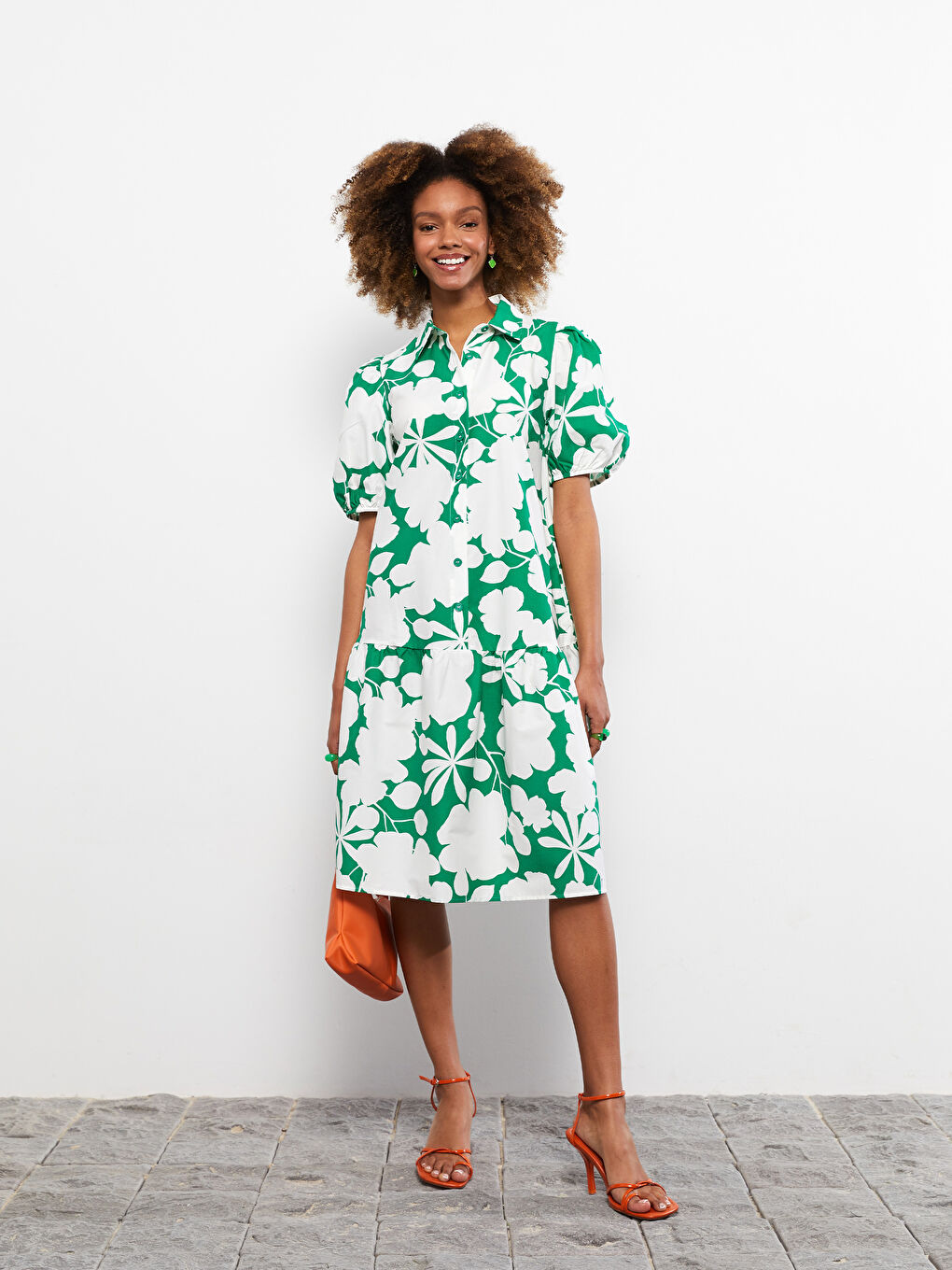 Yeşil Gömlek Yaka Çiçekli Kısa Kollu Poplin Kadın Elbise