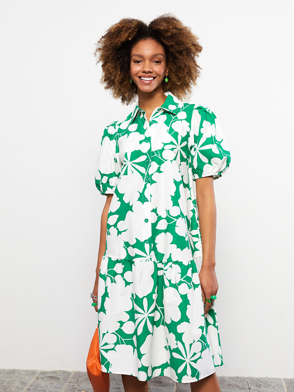 Yeşil Gömlek Yaka Çiçekli Kısa Kollu Poplin Kadın Elbise-1