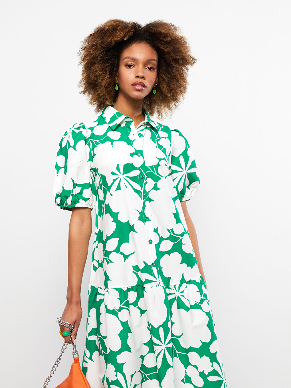 Yeşil Gömlek Yaka Çiçekli Kısa Kollu Poplin Kadın Elbise-2