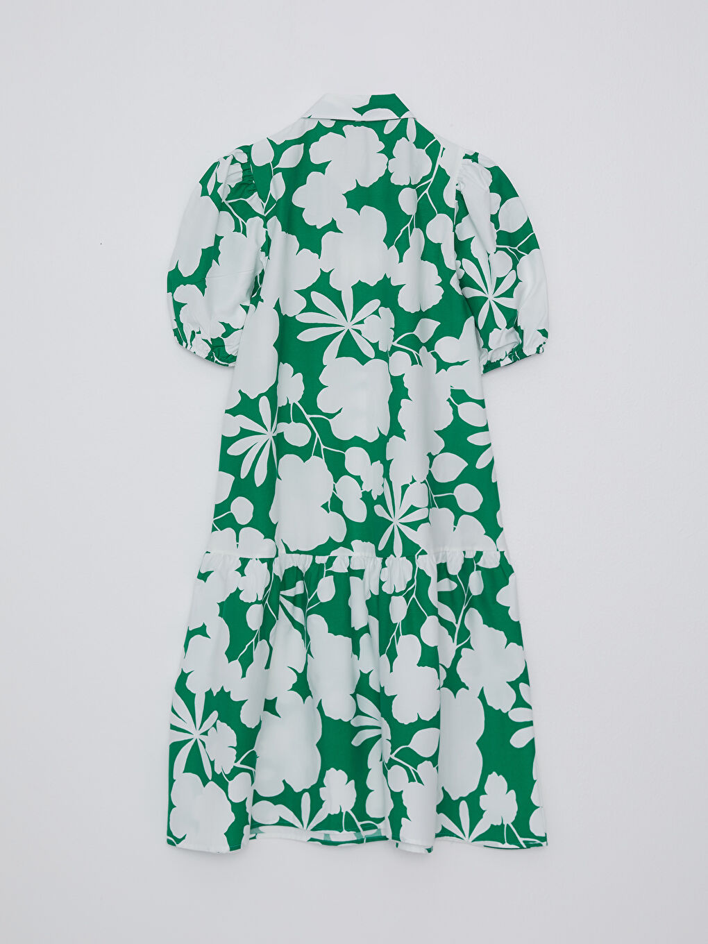 Yeşil Gömlek Yaka Çiçekli Kısa Kollu Poplin Kadın Elbise-6