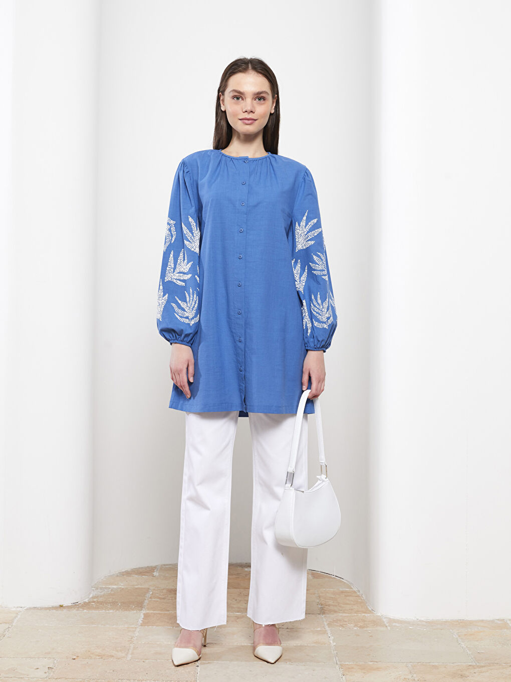 Crew Neck Printed Long Sleeve Cotton Women's Tunic-2