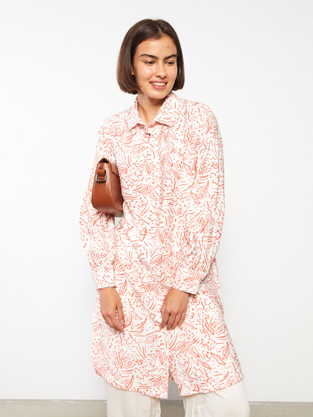 Kahverengi Desenli Kadın Gömlek Tunik-1