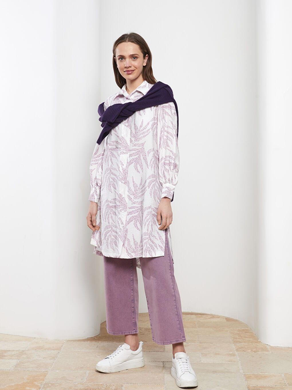 Ekru Desenli Kadın Gömlek Tunik