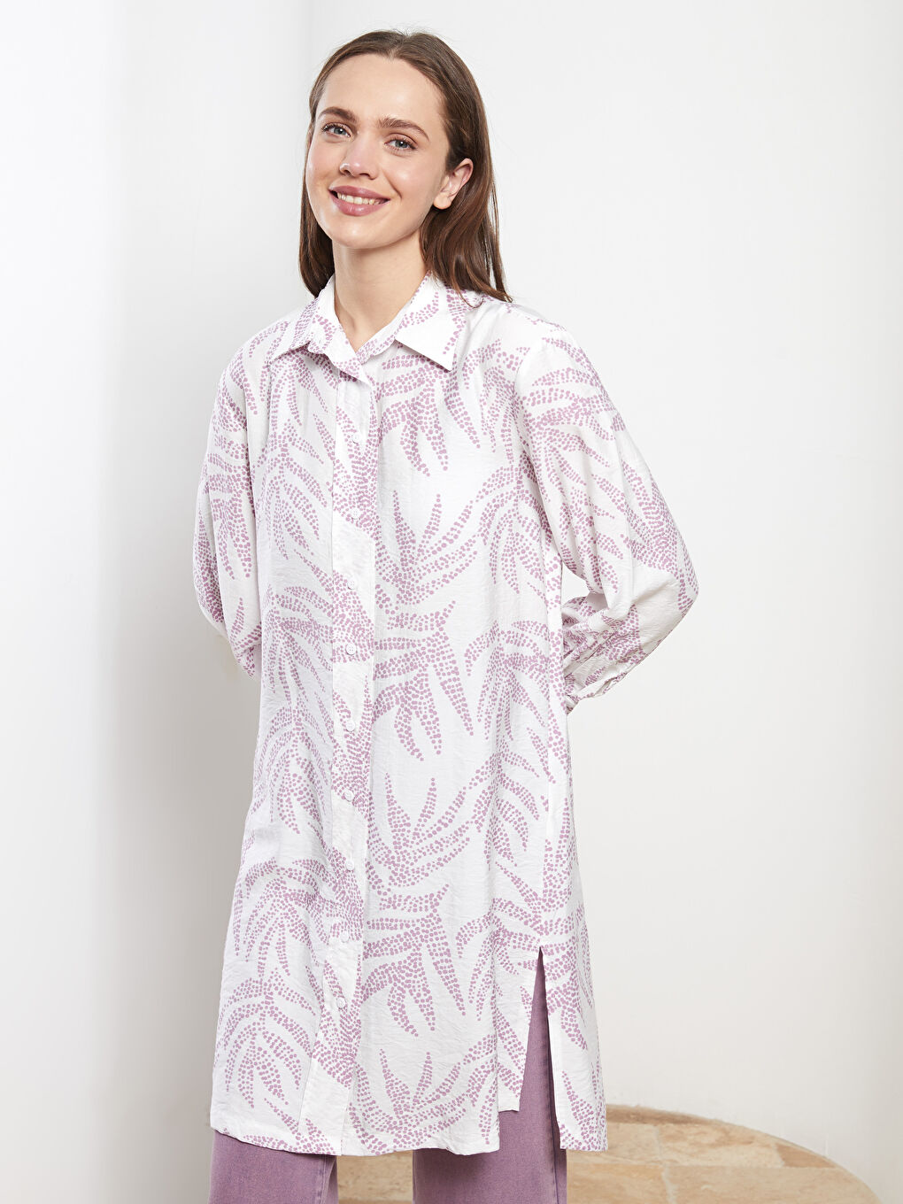 Ekru Desenli Kadın Gömlek Tunik-1