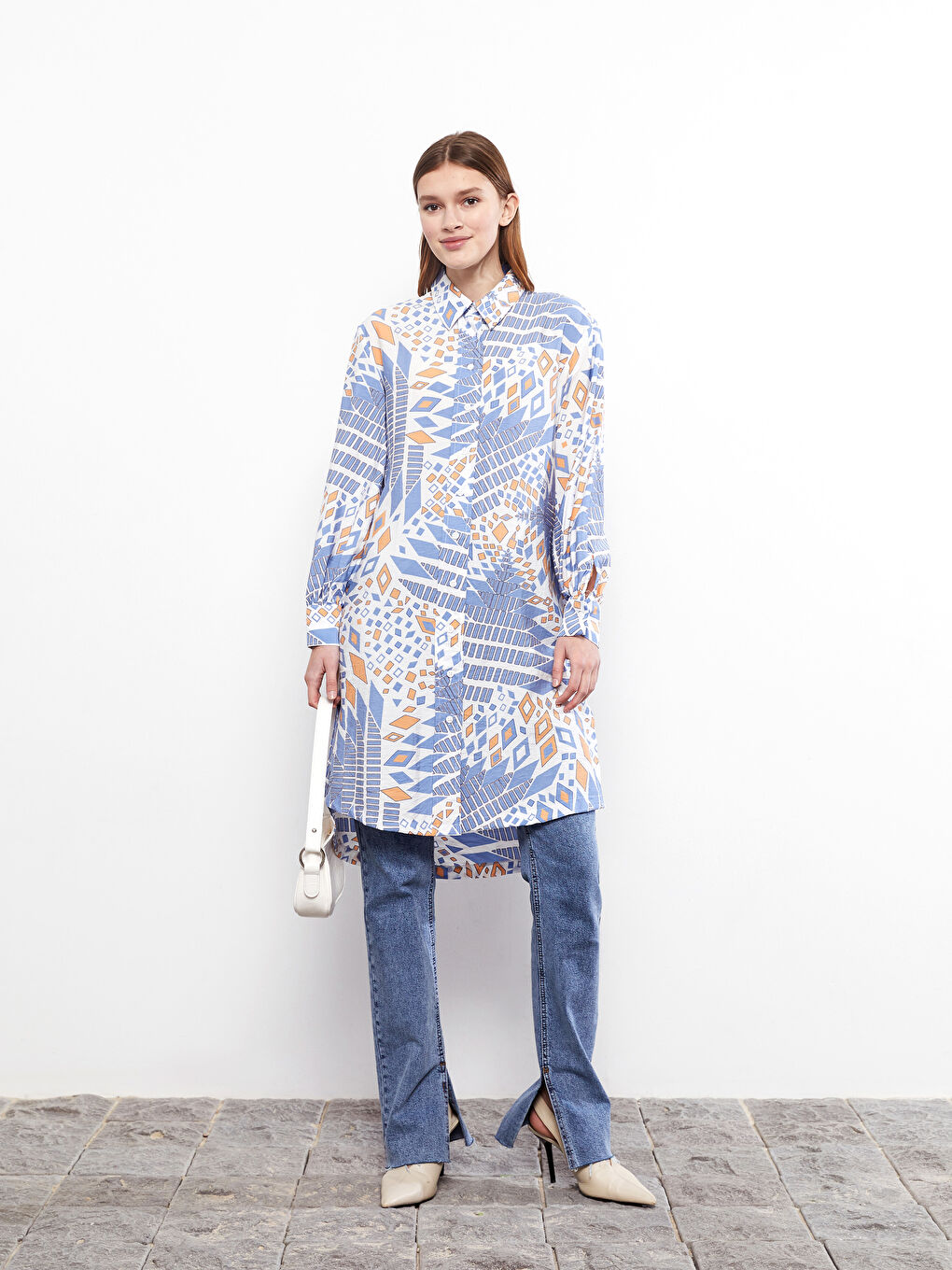 Turuncu Desenli Kadın Gömlek Tunik