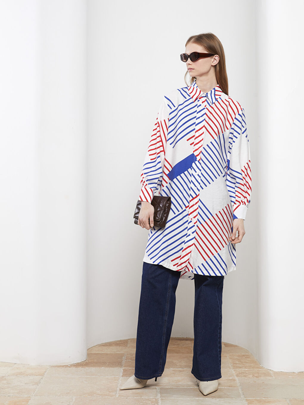 Beyaz Desenli Kadın Gömlek Tunik