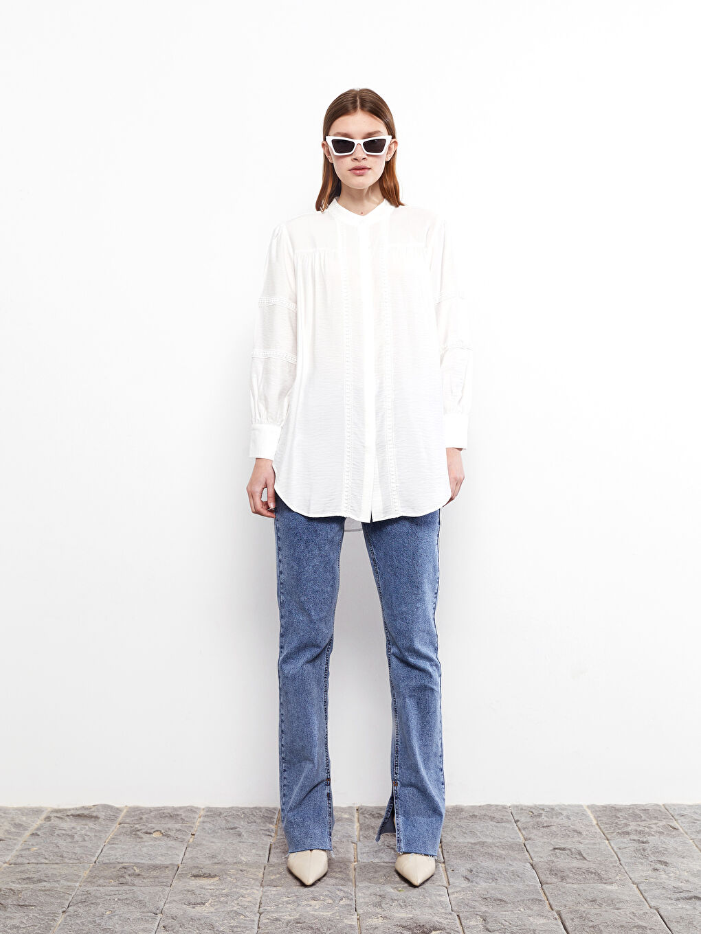 Ekru Hakim Yaka Nakışlı Uzun Kollu Poplin Kadın Tunik