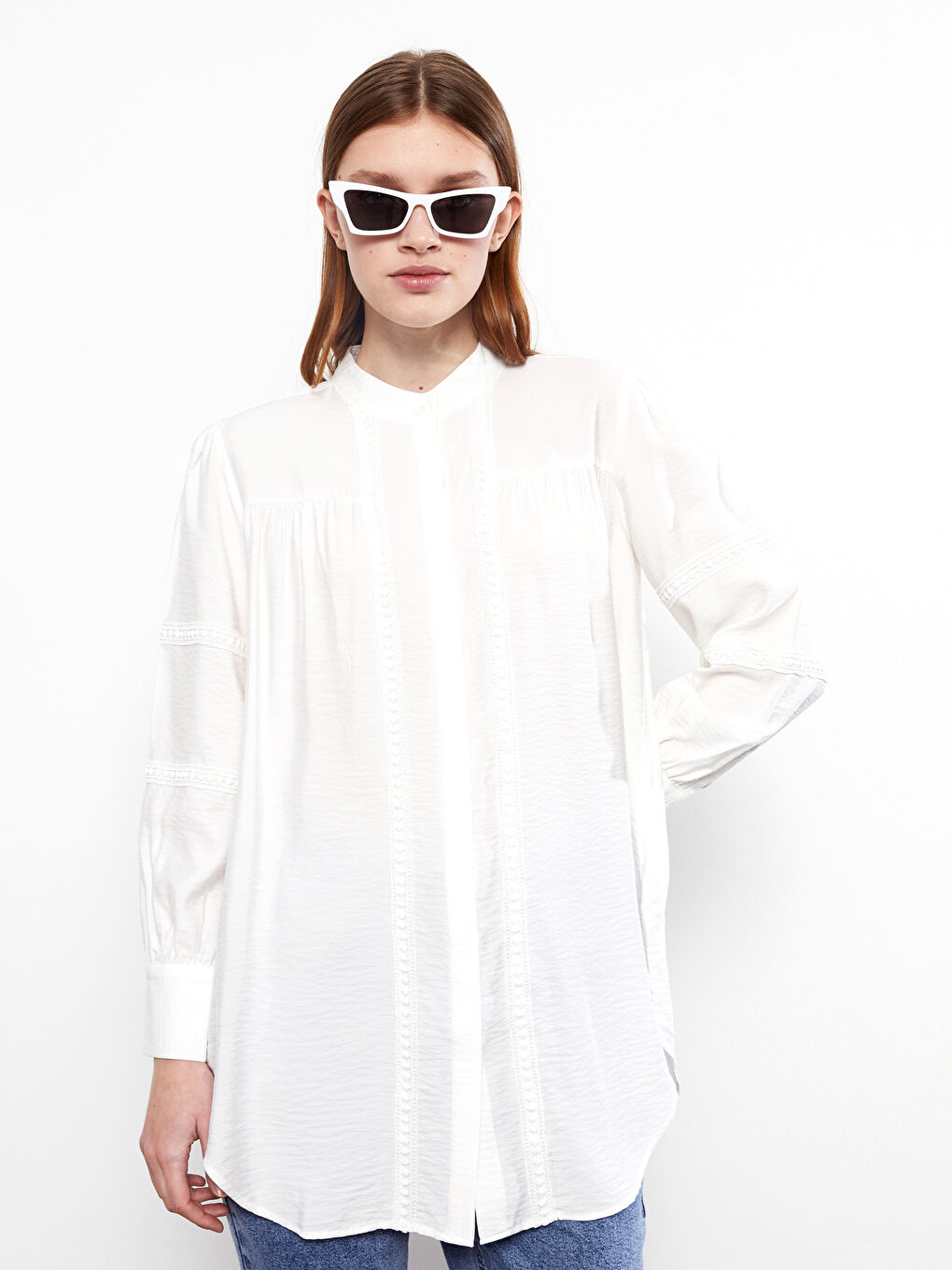 Ekru Hakim Yaka Nakışlı Uzun Kollu Poplin Kadın Tunik-2