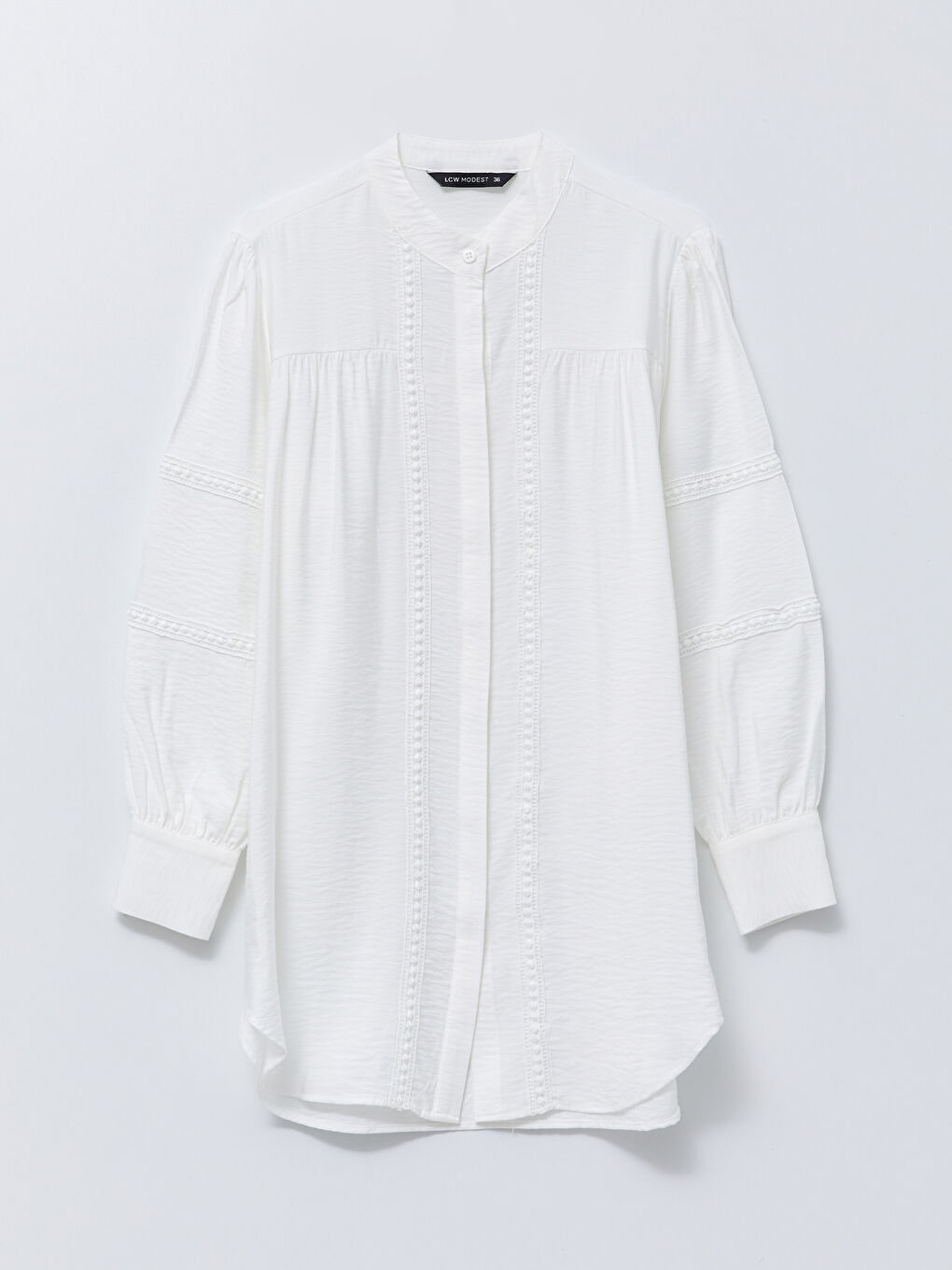 Ekru Hakim Yaka Nakışlı Uzun Kollu Poplin Kadın Tunik-5