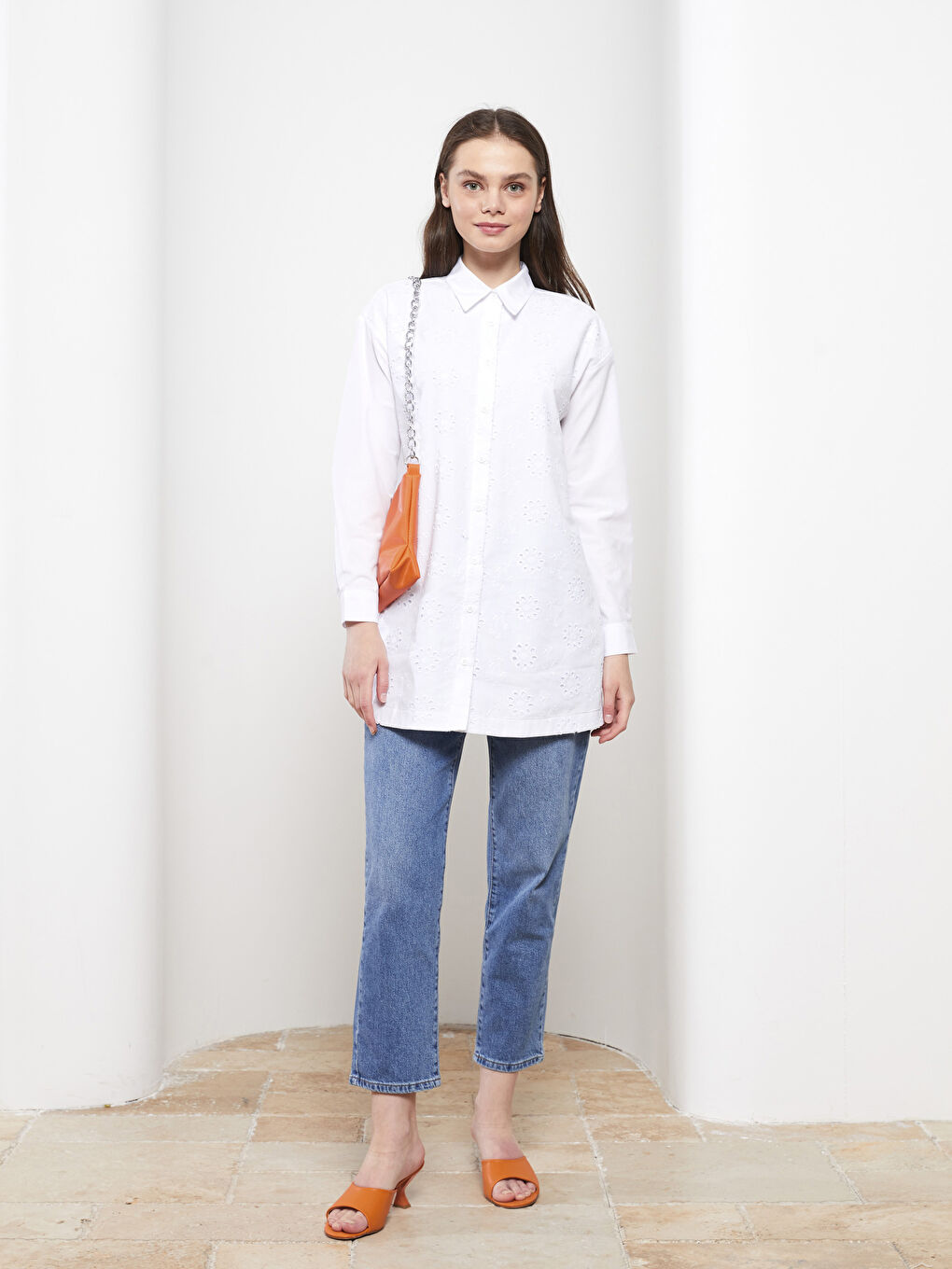 تونيك قميص بوبلين مطرز كم طويل للسيدات