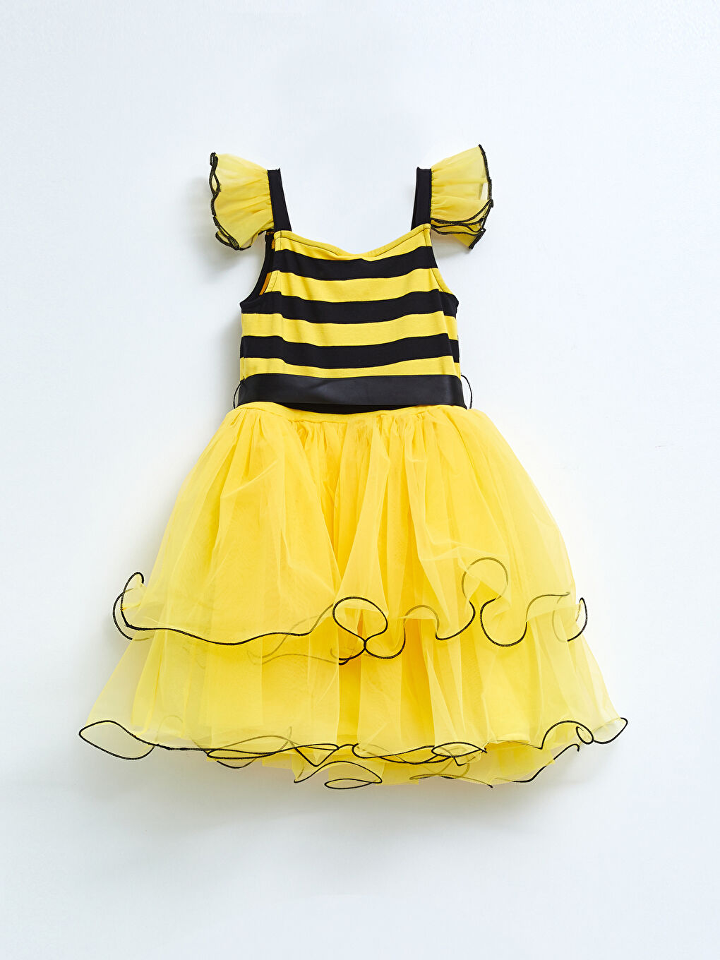 Sarı Kare Yaka Çizgili Kısa Kollu Kız Çocuk Kostüm ve Taç-1