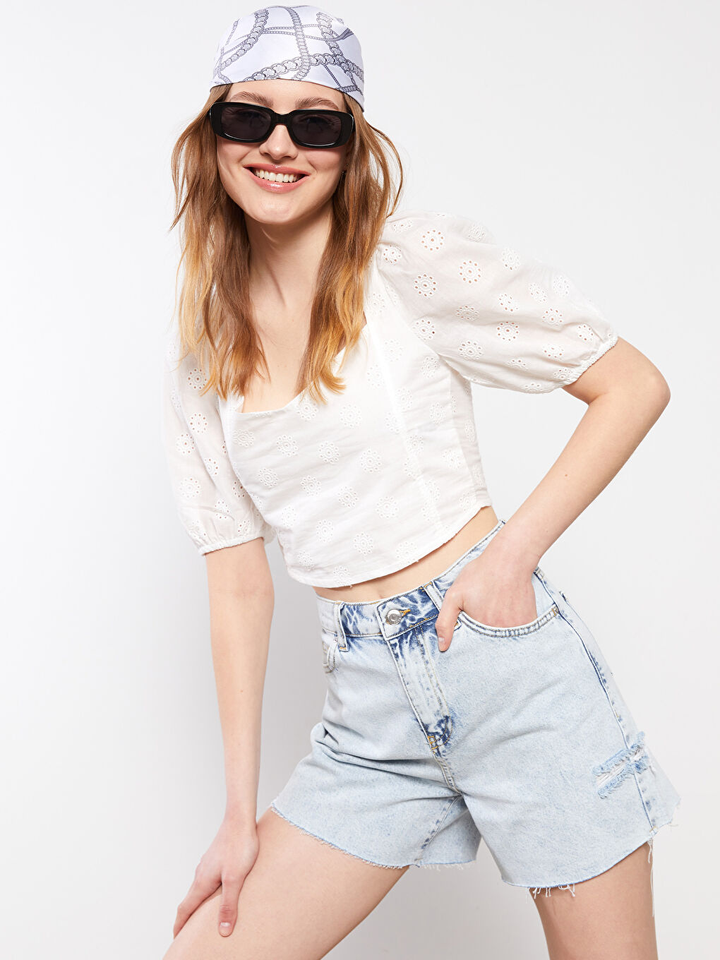 XSIDE Heart Collar Embroidered Short Sleeve Cotton Women's Blouse -S2GA59Z8-KE8