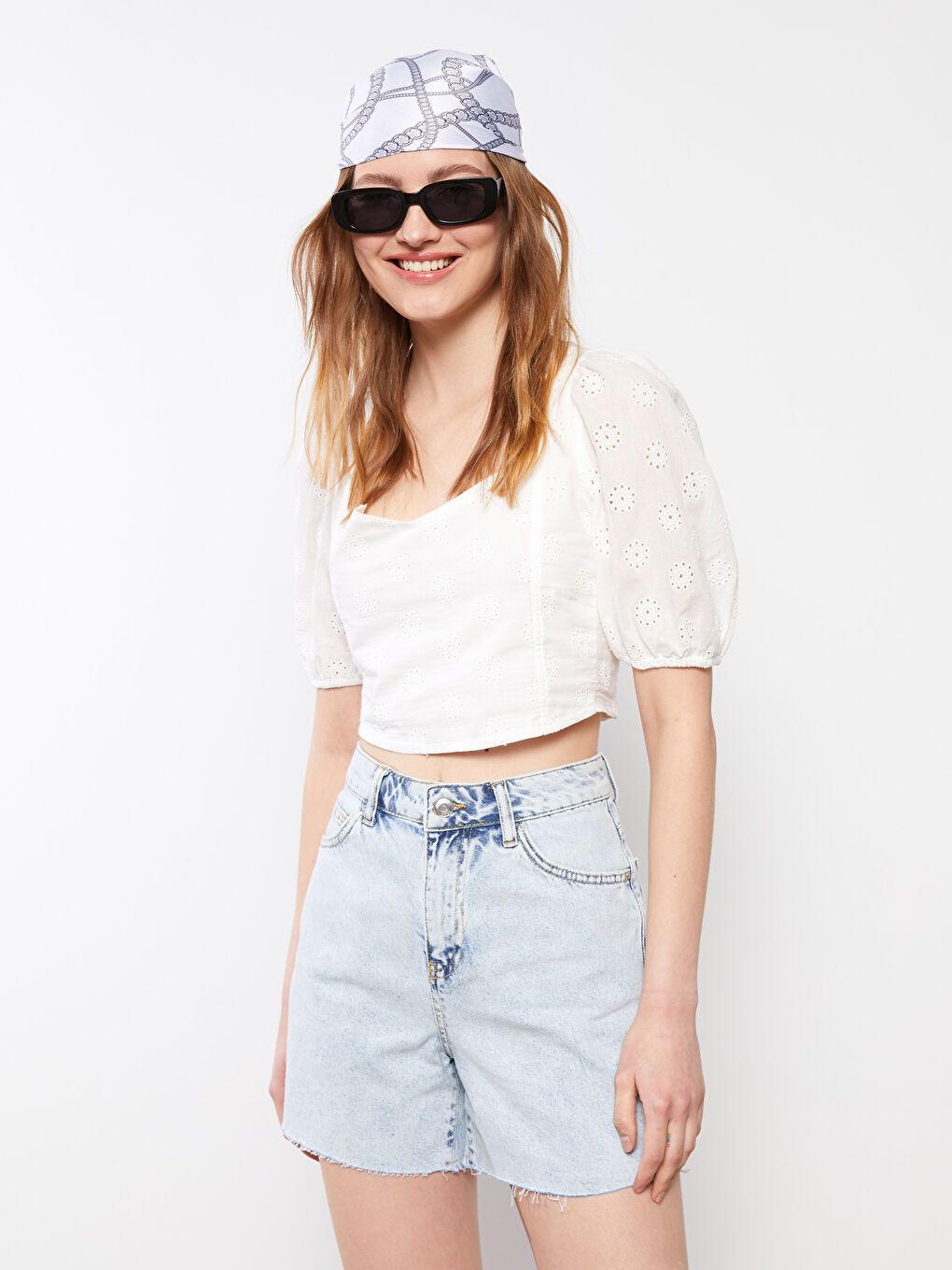 XSIDE Heart Collar Embroidered Short Sleeve Cotton Women's Blouse -S2GA59Z8-KE8