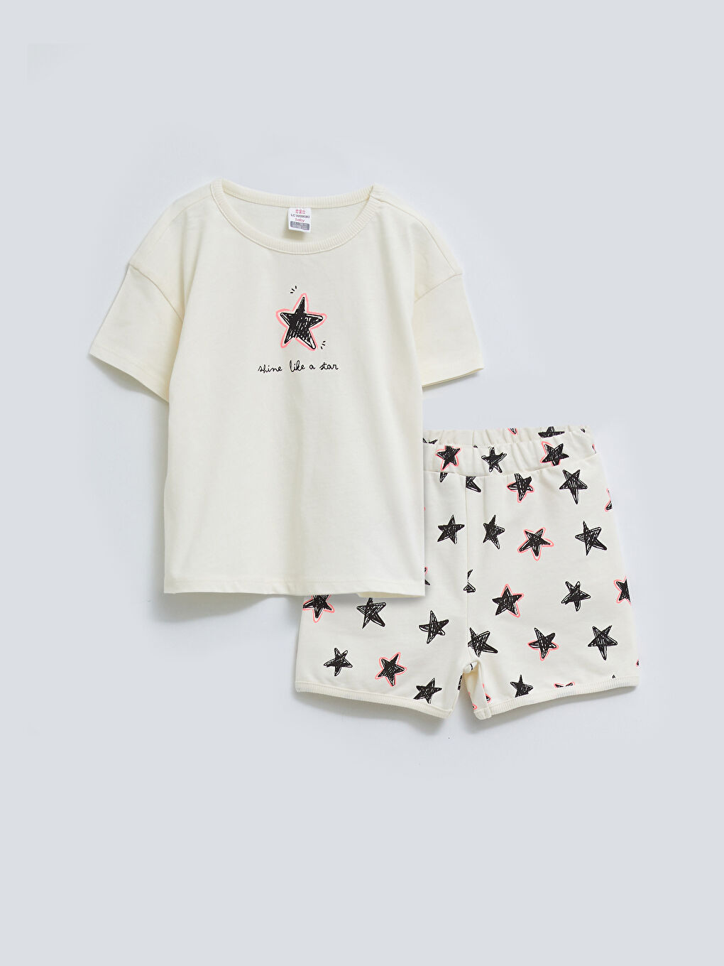 Crew Neck Short Sleeve Printed Baby Girls' T-Shirt and Shorts 2 Pack Set