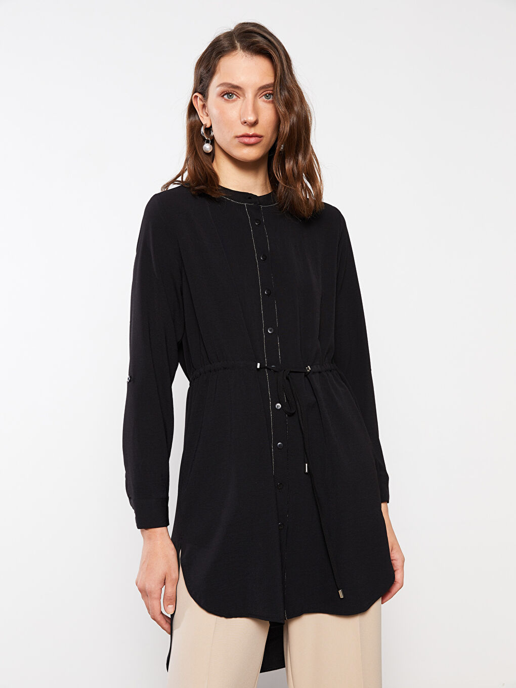 Grandad Collar Plain Long Sleeve Women's Tunic-1