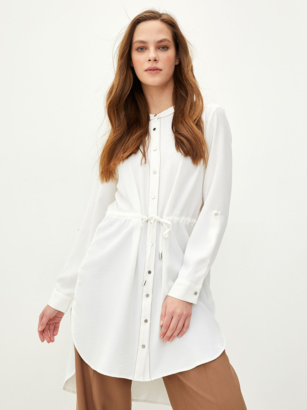 Ekru Hakim Yaka Düz Uzun Kollu Kadın Tunik