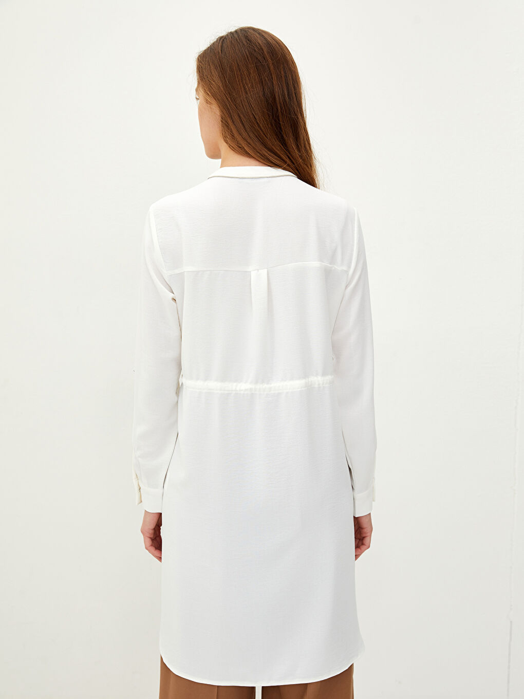 Ekru Hakim Yaka Düz Uzun Kollu Kadın Tunik-4