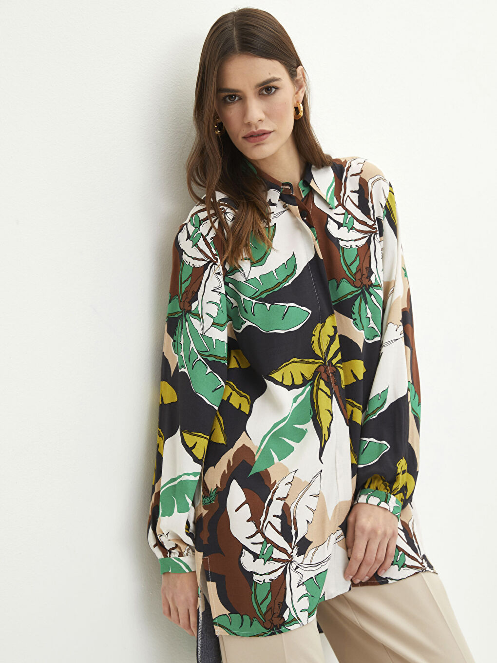 قميص تونيك نسائي كم طويل مطبوع فيسكوز