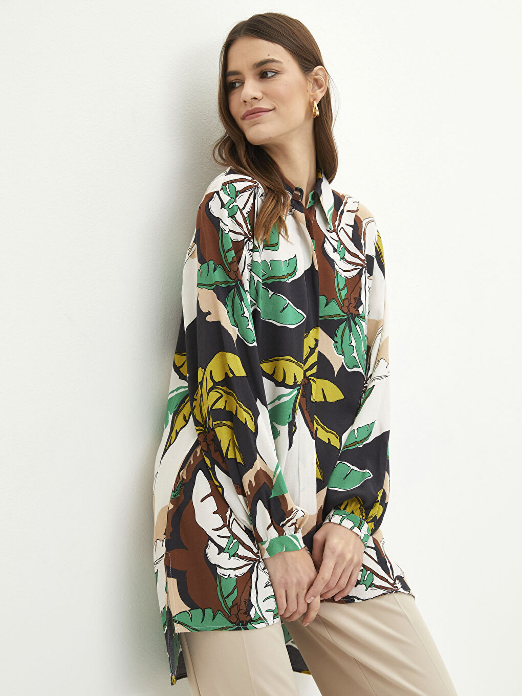 قميص تونيك نسائي كم طويل مطبوع فيسكوز-1