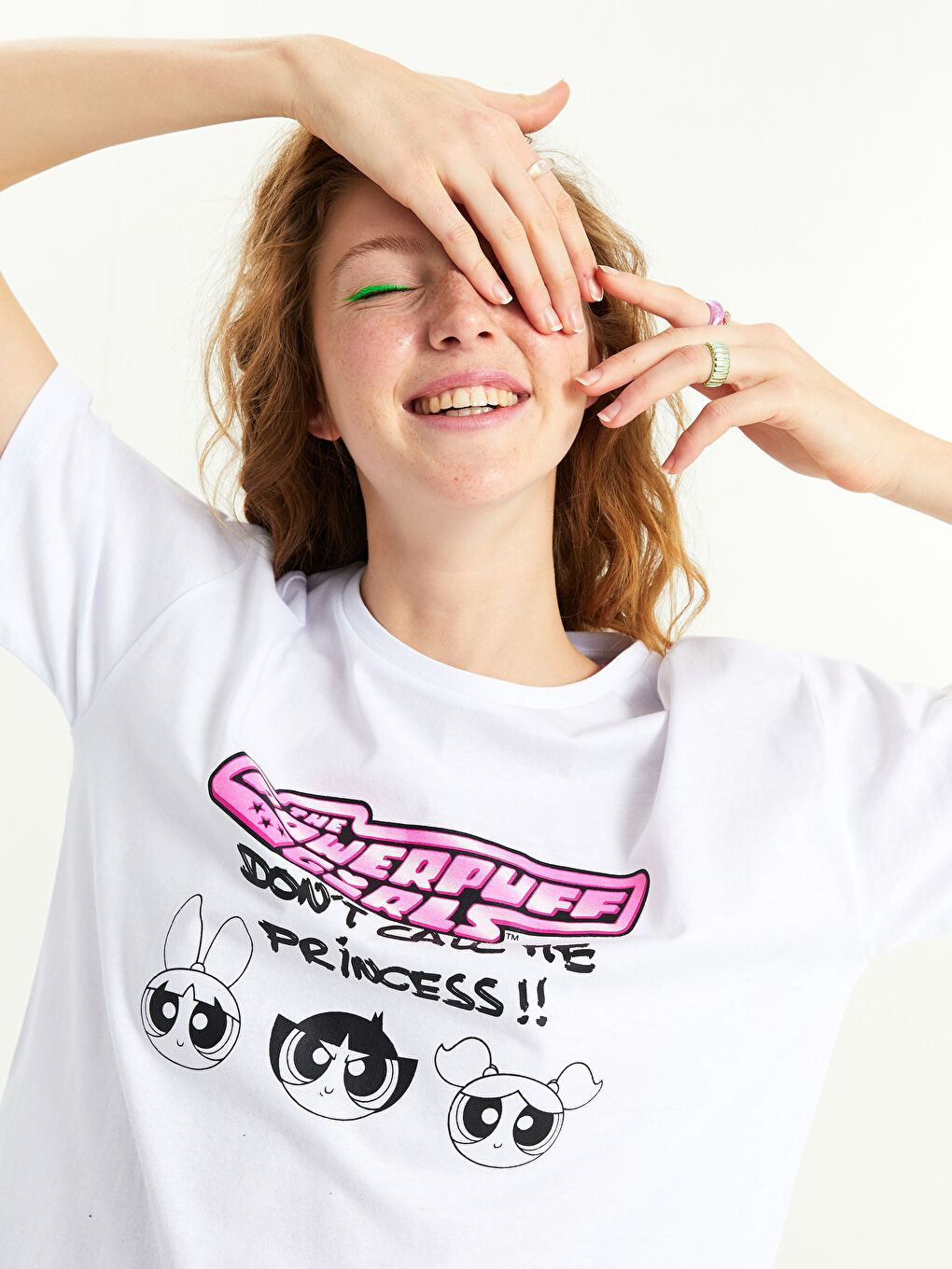 Tricou din Bumbac cu Mânecă Scurtă Imprimat Powerpuff Girls pentru Femei cu Guler Rotund