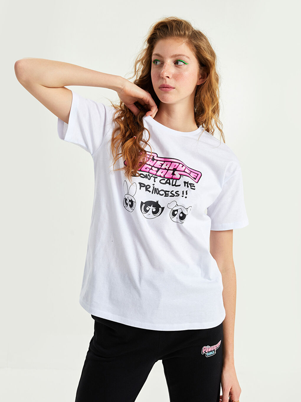 Tricou din Bumbac cu Mânecă Scurtă Imprimat Powerpuff Girls pentru Femei cu Guler Rotund-1