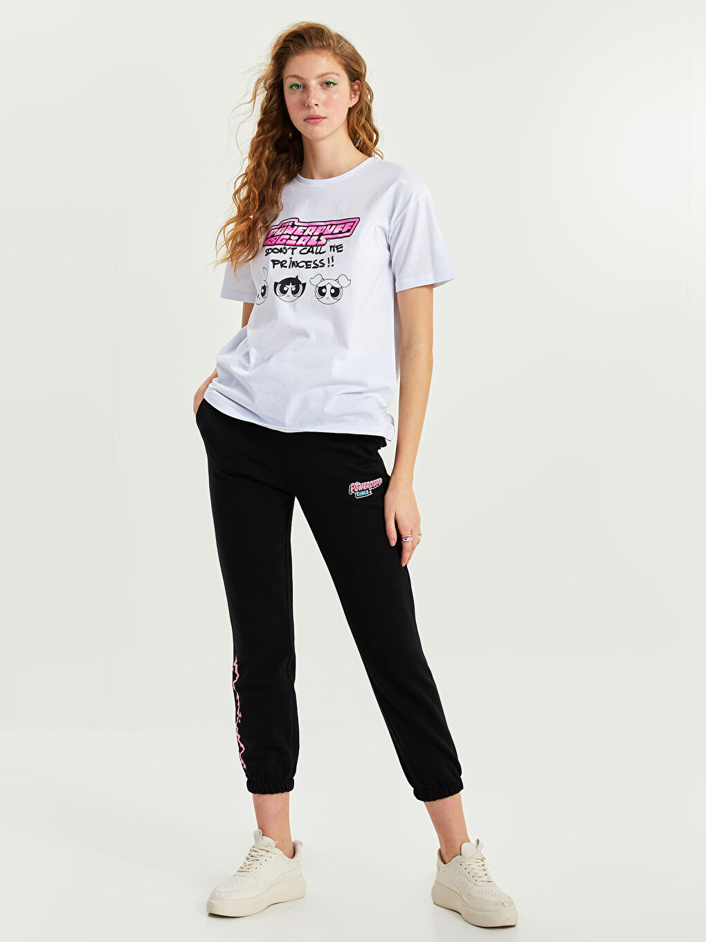 Tricou din Bumbac cu Mânecă Scurtă Imprimat Powerpuff Girls pentru Femei cu Guler Rotund-2