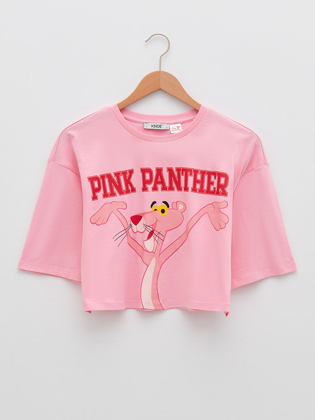 Bisiklet Yaka Pembe Panter Baskılı Kısa Kollu Kadın Crop-4